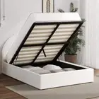 Oikiture Bed Frame Double Size With Gas Lift Base PU Leather White