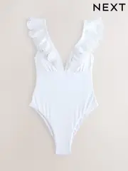 White Plunge Frill Laser Cut Tummy Control Swimsuit (AK1803) | $111