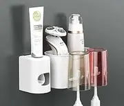 Toothpaste Dispenser and Wall Mounted Toothbrush Holder, Toothbrush, Toothpaste, Cup Dispenser, Multifunctional Bathroom toiletries Storage with Super Sticky Suction Cups ((Multi Color) 2 People)