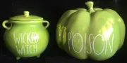 Rae Dunn Iridescent Green POISON Ceramic Pumpkin & WICKED WITCH Cauldron Candle