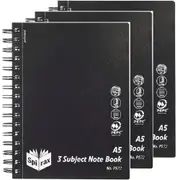 3 Pack Spirax P572 3-Subject Notebook Spiral Bound 300 Page A5 Black