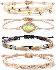 [GolbalJew] Boho Opal String Anklet Bracelet for Women Adjustable Summer Beach Surfer Ankle Bracelets Set Handmade Braided Rope Anklets Colorful Bohemian Jewelry