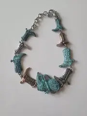 Silver Finish Metal Chain Boot Western Shoe Bracelet Rusty Cowboy Boots Charm