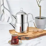 Karaca Manes Medium Turkish Teapot Set - Stainless Steel Teapot with Lid - (Turkish Tea Pot 1.35 Liters & Water Tank 1.95 Liters) - Non-Burning Bakelite Handles Midi Tea Maker & Induction Kettle