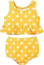 [Generic] Girl Bathing Suit Size 12 Kids Girls Split Swimsuit Summer Yellow Polka Dot Sleeveless Round Neck Ruffle Top Swimsuit Beach Natatorium Junior Girls Bikinis