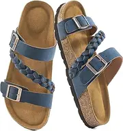 [Harence] Womens Flat Slides Sandals: Comfort Cork Footbed Slip On Slide Shoes Adjustable Buckle Open Toe Summer Outdoor Beach Sandal