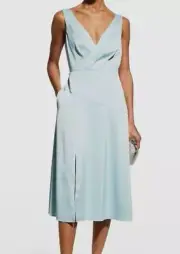 $246 Aidan By Aidan Mattox Women's Blue V-Neck Pleated Satin Midi Dress Size 2
