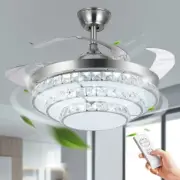 42'' Chrome Crystal Invisible Ceiling Fan LED Light Remote Control Chandeliers