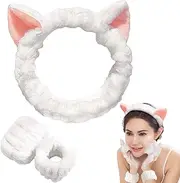 AEGYPIUS Face Wash Headband and Wristband Set for Face Washing, 3 Pcs White Headband Wristband Set with Cat Ear Design, Face Wash Spa Headband and Wristband Set Facewash Headband and Wristband Set