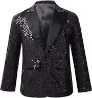 [Yhong] Kids Boys Shiny Sequins Blazer Suit Tuxedo Jacket Coat for Wedding Pageant Party Stage Performance Dancewear