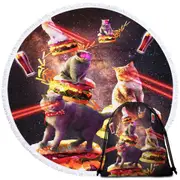 Funny and Cool Galaxy Cat on Cheeseburger Round Beach Towel