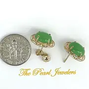 14KT Yellow Gold Chinese Pattern Design Oval Shaped Green Jade Earrings