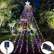 nbe 3.5m Christmas Star Lights 350 LED Outdoor Christmas Tree Lights, Waterproof LED Light of 8-Light Modes, Waterfall Christmas Lights with Solar, Decor for Christmas Tree,Yard,Party (Solar+Plug)
