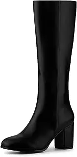 [Allegra K] Women's Round Toe Zip Block Heels Knee High Boots