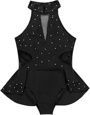 [Yruioon] Girls Sparkly Rhinestone Ice Skating Dress Halter Ballet Leotard Lyrical Skirts Dancewear