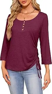[FDKLOOK] 3/4 Sleeve Shirt Women's Cute Plain Henley Tops Asymmetrical Side Hem Adjustable Drawstring Lacing T-Shirt