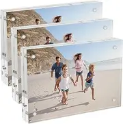 3 Pack Picture Frames, 4x6 Inch Acrylic Frame, Self Standing Block Display Photo Frame, Horizontal Magnet Double Sided Picture Frame, Thick Desktop Frameless Magnetic Photo Frame (10x15CM, 10+10MM)