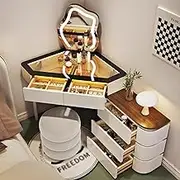 Corner Vanity with Mirror and Lights，Makeup Table Set with Chair Glass Top Vanity Table with Drawers Telescopic Dresser Vanity Desk for Women(White,80CM_A)