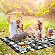 Picnic Blanket Camping Beach Mat with Tote Straps Extra Large Foldable Outdoor Blankets Portable 3 Layers Waterproof Sandproof for Couples Families Camping Party Picnic Beach (Black & White Plaid)