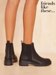 Friends Like These Black Wide Fit Flat Chunky Casual Faux Leather Chelsea Boot (E23619) | $83
