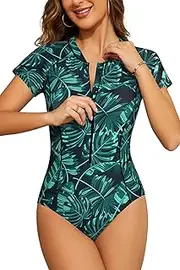 [SHEKINI] Women's One Piece Rash Guard Short Sleeve 1/4 Zip up Swimsuit Quick Dry Bathing Suit Build in Bra Swimming Costume S-XXL, Green Leaf, L