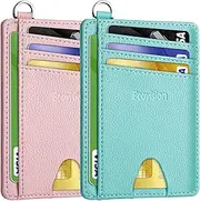 [EcoVision] Slim Minimalist Front Pocket Wallet, RFID Blocking Credit Card Holder Wallet with Detachable D-Shackle for Men Women, 2 Litchi