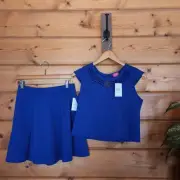 Pinky NWT 2 PCS Skirt Set Blue Laser Cut Top Pleated Skirt Textured Youth Sz 16