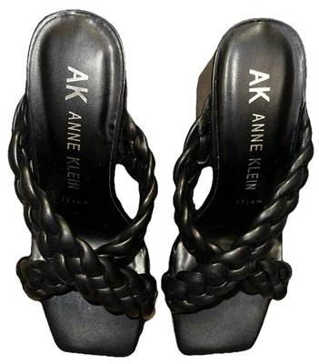 Anne Klein Aiden Chunky Platform Black Faux Leather Block Heel Sandal Size 7.5