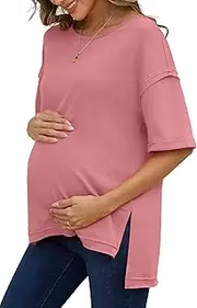 [RUBZOOF] Women's Maternity Shirts Short Sleeve Pregnancy Tops Side Split Casual T Shirts Tunic Mama Clothes, 08-bean Pink, Small