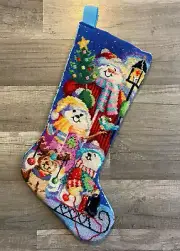 NEW VTG Handmade Finished Bucilla Needlepoint Christmas Stocking Snowmen 60756