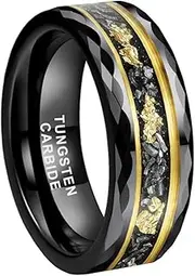 [TUTISS] 8mm Silver/Black/Gold Tungsten Rings for Men Women Meteorite Chip Gold Foil Inlay Promise Engagement Wedding Band Faceted Edges Polished Comfort Fit