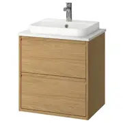 ÄNGSJÖN / BACKSJÖN wash-stnd w drawers/wash-basin/tap, oak effect/white marble effect, 62x49x71 cm