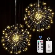 1/2 Pcs Firework Lights 200 LED Copper Wire Starburst Light, 8 Modes Battery Operated Fairy Star Sphere Lights With Remote, Warm White Hanging Ceiling Decorati