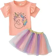[AFUKUIA] Toddler Baby Girl Birthday Unicorn Outfit Cute Short Sleeve Shirt Top Colourful Tutu Skirt Cake Smash Clothes Set
