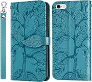 COTDINFOR Compatible with iPhone 6s Plus Wallet Case, iPhone 6 Plus Case Leather with Card Holder Magnetic Kickstand Wrist Strap Flip Shockproof Case for iPhone 6s Plus / 6 Plus Life Tree Blue