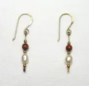 Lyns Jewelry Red Tiger's Eye and Freshwater Pearl Drop Earrings Gold