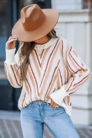 Cupshe Chevron Drop Shoulder Long Sleeve Sweater - Pink,M