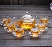 7 Pc Tea Set Glass Teapot With Infuser 1000ml + 6 Small Cups With Saucer 120ml