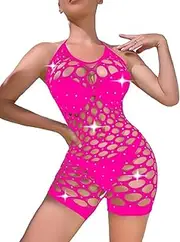 [Generic] Jumpsuit for Women Sparkly Rhinestone Bodysuit Halter Sheer Lingerie Mesh Outfits