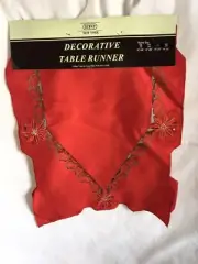 New Christmas Red Table Runner Scarf Embroidered Poinsettias Holly Leaves