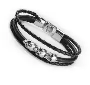 Mens Women Multilayer Black Braided Leather Bangle Skull Bracelet Wristband B203