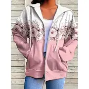 Women's Oversized Zip Up Hoodies Floral Active Vintage Sports Long Sleeve Hooded Regular Tops Casual Holiday Zip Up Drawstring Front Pocket Pink Blue Fuchsia G