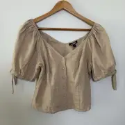 New Express Linen Blend Cropped Top Tie Puff Short Sleeves Button Front Tan M