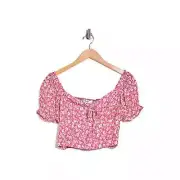 Elodie Adult Blouse Large Pink Floral Short Sleeve Front Tie Cropped Women's