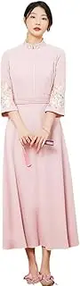 [JUZHIJIA] Spring Summer Women Cheongsam Dress Retro Elegant Embroidery Tea Clothing Lady Party Qipao Dress, Pink, X-Large