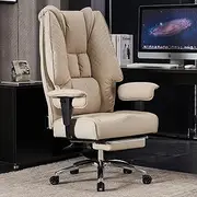 [Excebet] Big and Tall Office Chair 400lbs Wide Seat, Leather High Back Executive Office Chair with Foot Rest, Ergonomic Office Chair Lumbar Support for Lower Back Pain Relief (Beige)