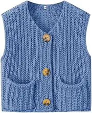 [Naggoo] Womens Crochet Chunky Knit Top Trendy Cardigan Sweater Vest Sleeveless Button Down Crop Tops for Women with Pockets