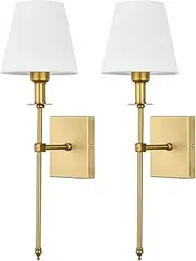 Wall Sconces Sets of 2, Classic Brushed Brass Sconces Wall Lighting, Hardwired Bathroom Vanity Light Fixture with Fabric Shade for Bedroom Living Room Hallway Kitchen, Gold