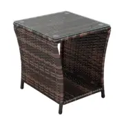 Patio Side Table Brown Wicker Gradient Rattan Tempered Glass Surface Iron Frame