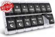 7 Day AM PM Pill Organizer Large Weekly Pill Box Push Button Case Black 2 Daily